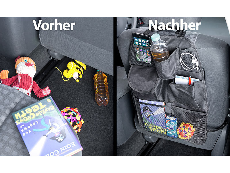 ; Beheizbare KFZ-Sitzauflagen, Autositz-Schutzunterlagen mit Netztaschen 