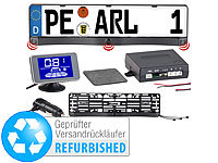 Lescars Funk-Ultraschall-Einparkhilfe in Kennzeichenhalter (Versandrückläufer); Solar-Rückfahrkameras mit Monitor, Funk-Rückfahr-Kameras in Nummernschild-Halterung 