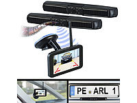 Lescars Solar-Funk-Front und Rückfahrkamera mit Full HD und 5" Monitor; Funk-Rückfahr-Kameras in Nummernschild-Halterung 