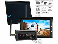 Lescars 2in1-Solar-Funk-Rückfahrkamera & Überwachungs-Set, Full HD 7"-Monitor; Funk-Rückfahr-Kameras in Nummernschild-Halterung Funk-Rückfahr-Kameras in Nummernschild-Halterung 