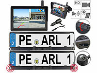 Lescars Solar-Funk-HD-Front & Rückfahrcam, Splitscreen-Monitor Abstandswarner; Solar-Rückfahrkameras mit Monitor Solar-Rückfahrkameras mit Monitor 