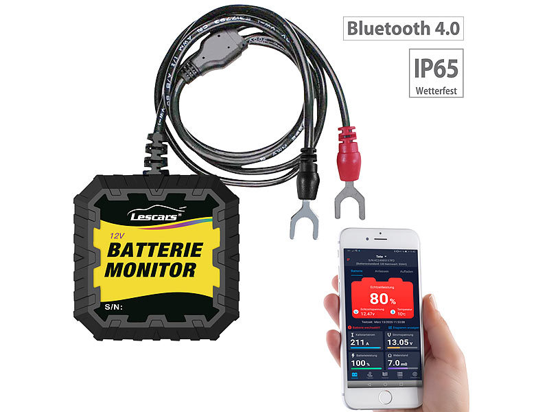 Lescars Kfz-Batterietester und -Wächter für 12 Volt, mit Bluetooth & App,  IP65