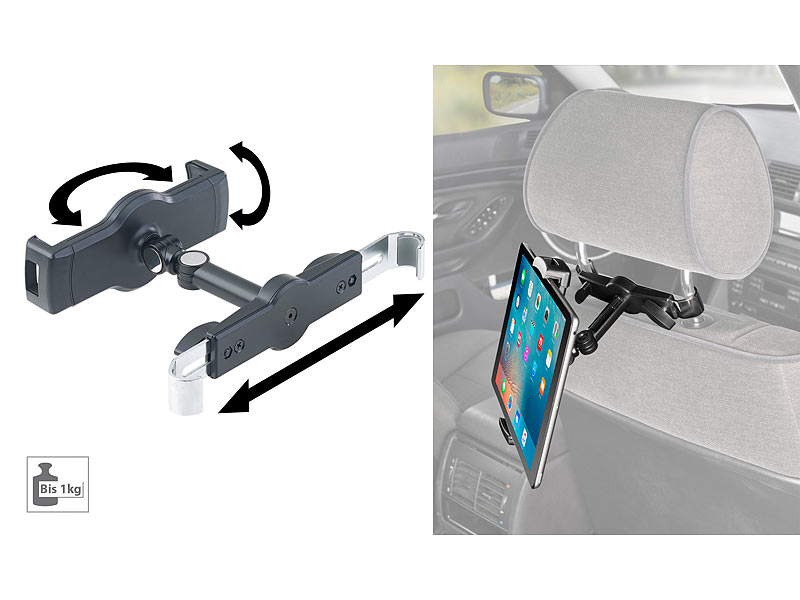 Lescars Universal-360°-Kopfstützen-Halterung für Tablet-PCs & iPads bis  12,9
