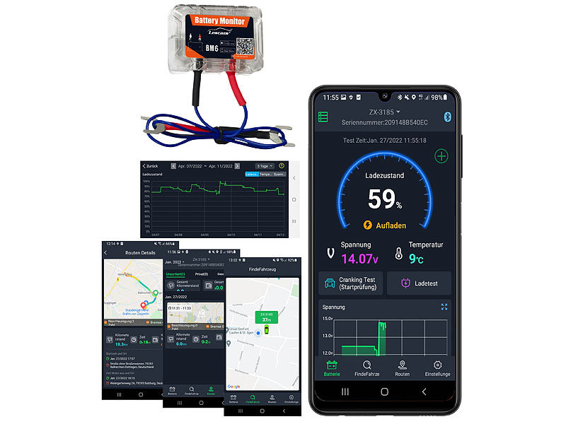 Lescars Kfz-Batterie-Wächter mit Standort-Suche, Bluetooth, App