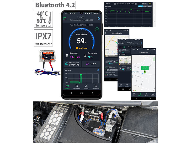 Lescars Kfz-Batterie-Wächter mit Standort-Suche, Bluetooth, App