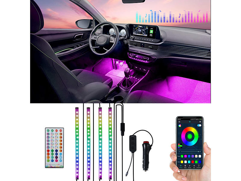 Lescars 4er-Set Kfz-LED-RGB-Streifen mit Fernbedienung, Bluetooth, App